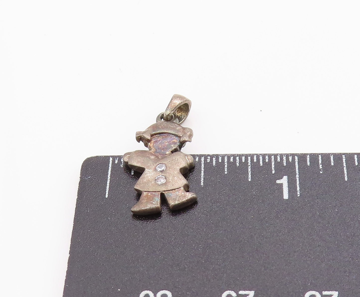 925 Sterling Silver Vintage Pendant Round CZ Dark Tone Little Girl Charm PT24832