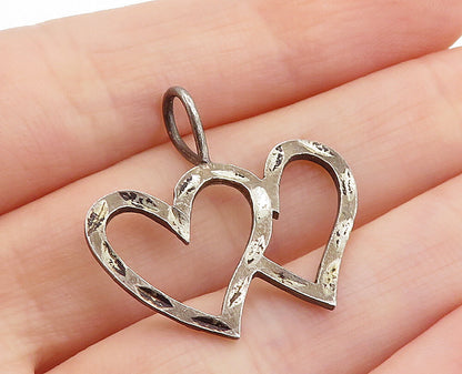 925 Sterling Silver Vintage Dark Tone Open Double Love Heart Pendant PT5266