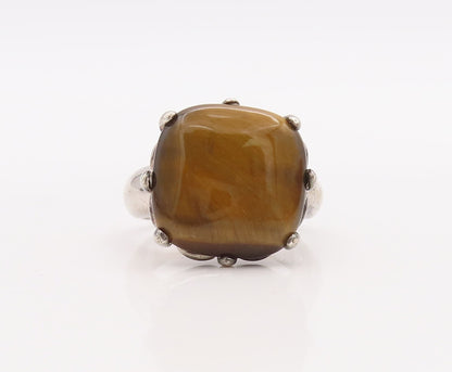 925 Sterling Silver Vintage Ring Cabochon Square Shape Tigers Eye  Sz 8  RG28926