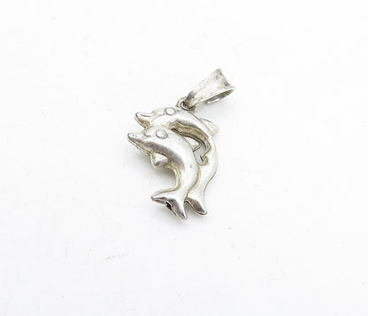 925 Sterling Silver  Vintage Petite Double Leaping Dolphin Love Pendant PT3902