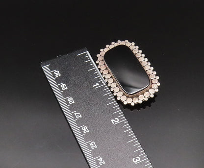 925 Sterling Silver Vintage Dotted Edge Rectangle Black Onyx Brooch Pin BP9649