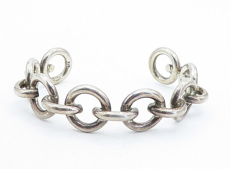 925 Sterling Silver Vintage Shiny Round Macaroni Link Cuff Bracelet BT2060