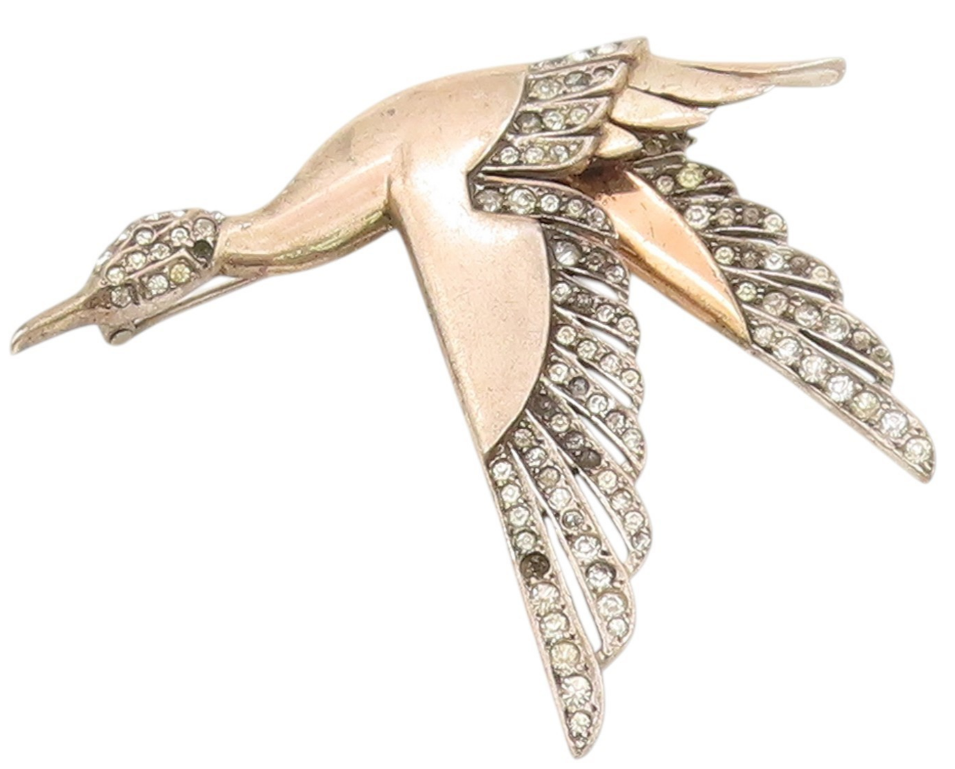 925 Sterling Silver Vintage Brooch Round CZ Flying Crane Bird Design  BP11879