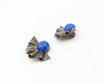 925 Sterling Silver  Vintage Lapis Lazuli Fan Non Pierce Earrings  EG9387