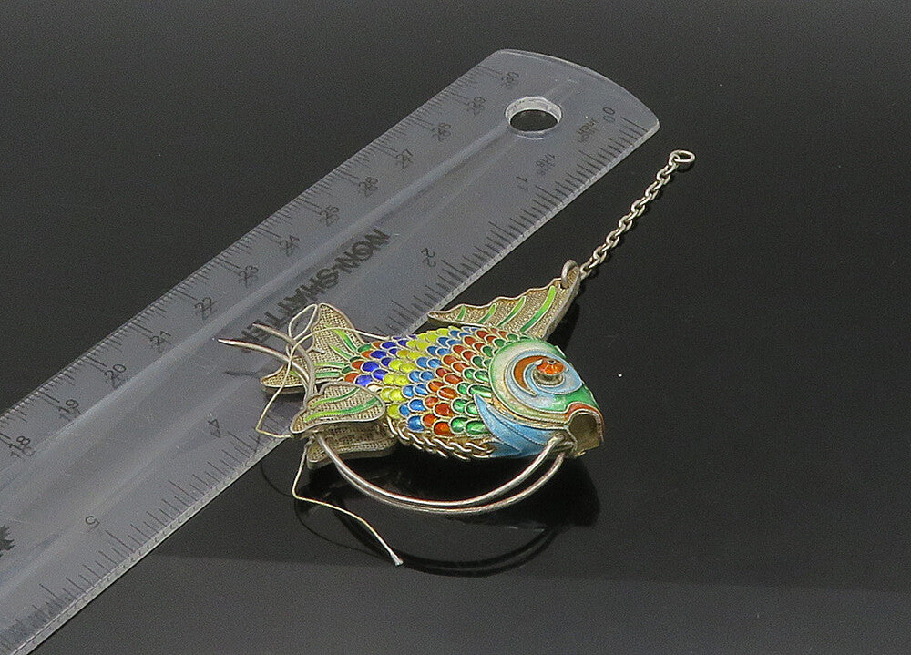 925 Sterling Silver  Vintage Hollow Enamel Fish Pendant (MOVES)  PT17733