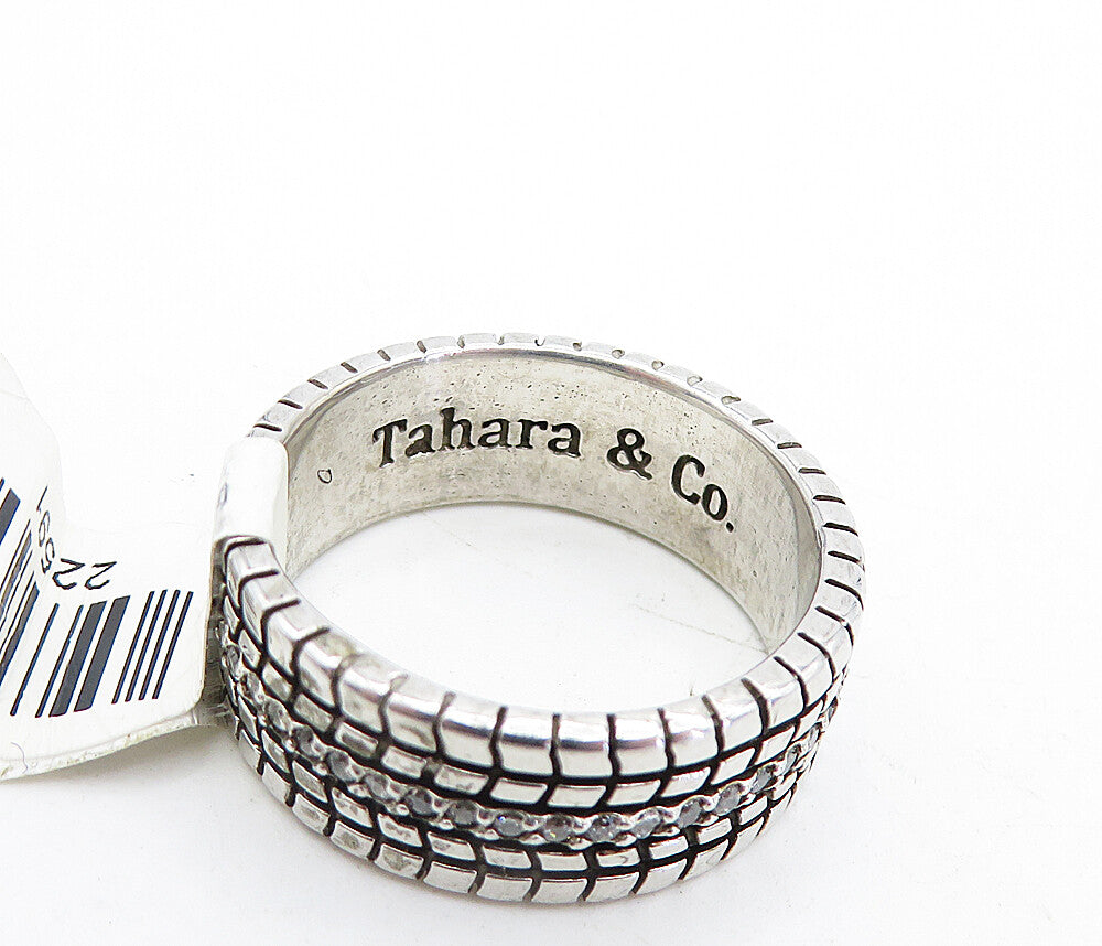 TAHARA & CO. 925 Silver  Vintage Cubic Zirconia Etched Band Ring Sz 10  RG5521