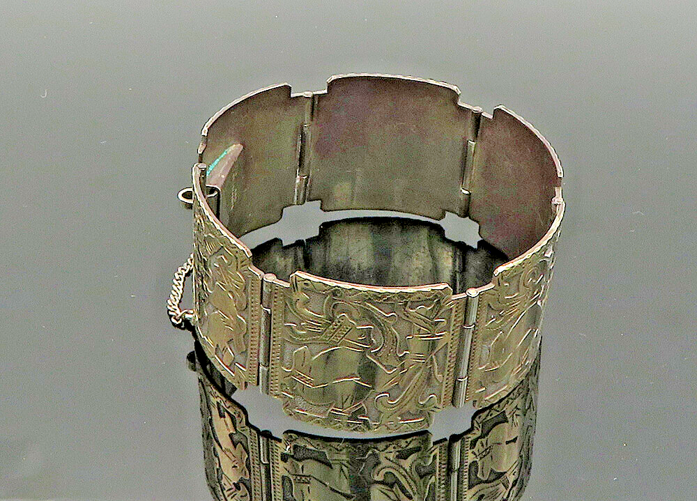 925 Sterling Silver & 18K GOLD  Vintage Warrior Panel Chain Bracelet  BT8242