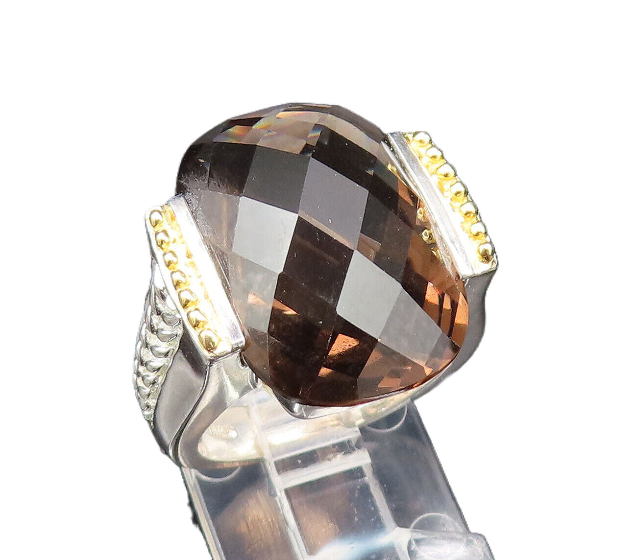 925 Silver  Vintage Two Tone Smoky Quartz Braided Shank Ring Sz 6  RG25629