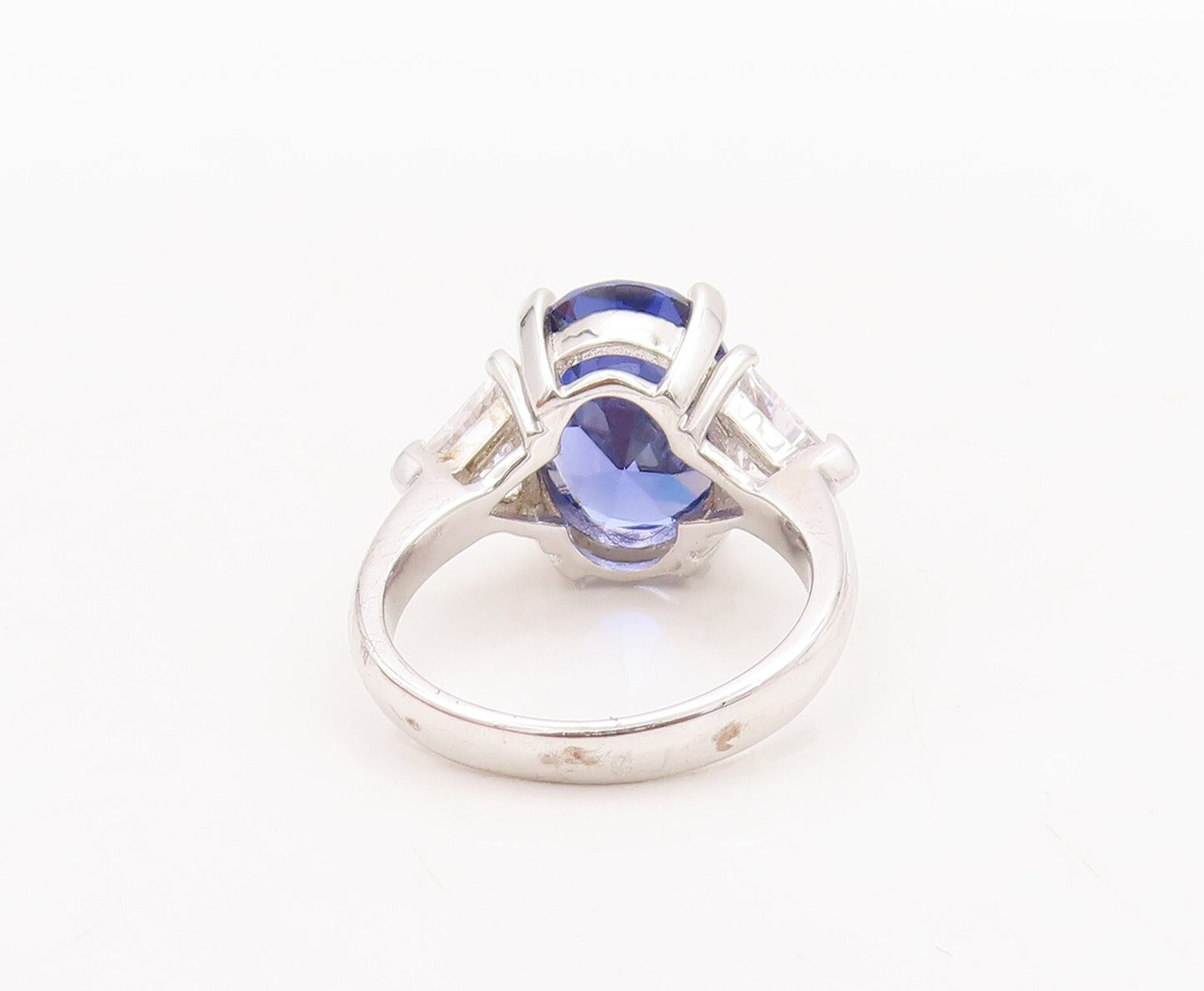 925 Sterling Silver Vintage Ring Oval Sapphire & Triangle CZ  Sz 7.5  RG29809
