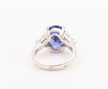 925 Sterling Silver Vintage Ring Oval Sapphire & Triangle CZ  Sz 7.5  RG29809