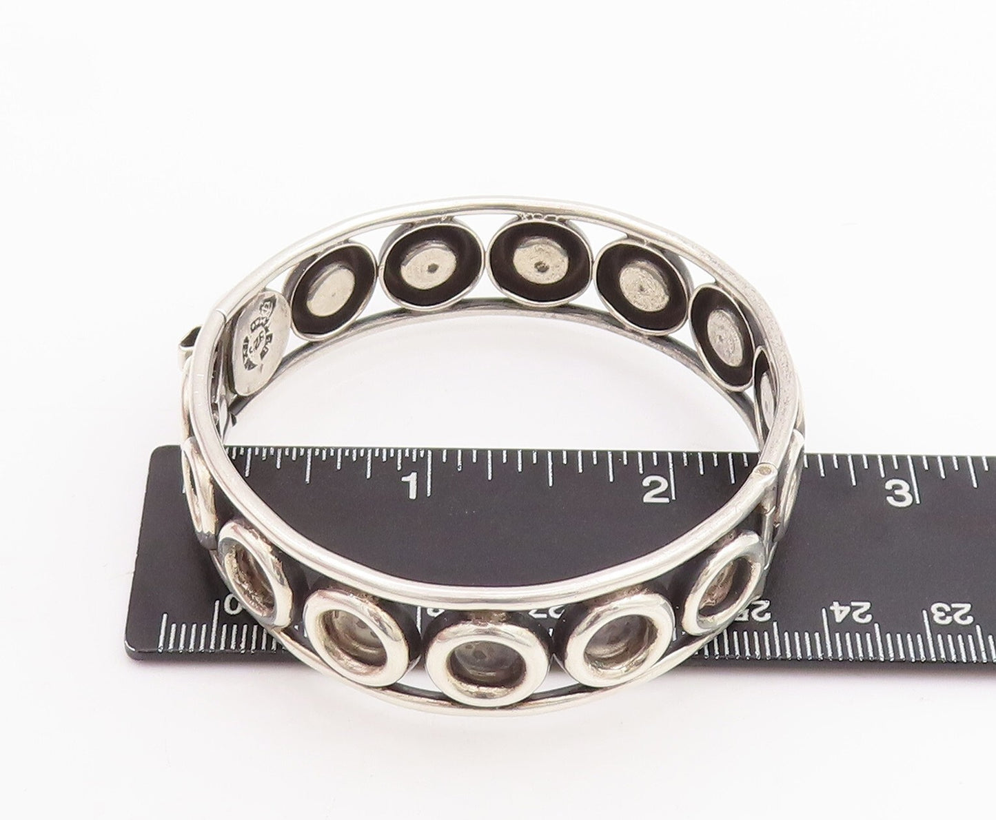 925 Sterling Silver Vintage Bracelet MEXICO Solid Rings Carved Bangle  BT10694