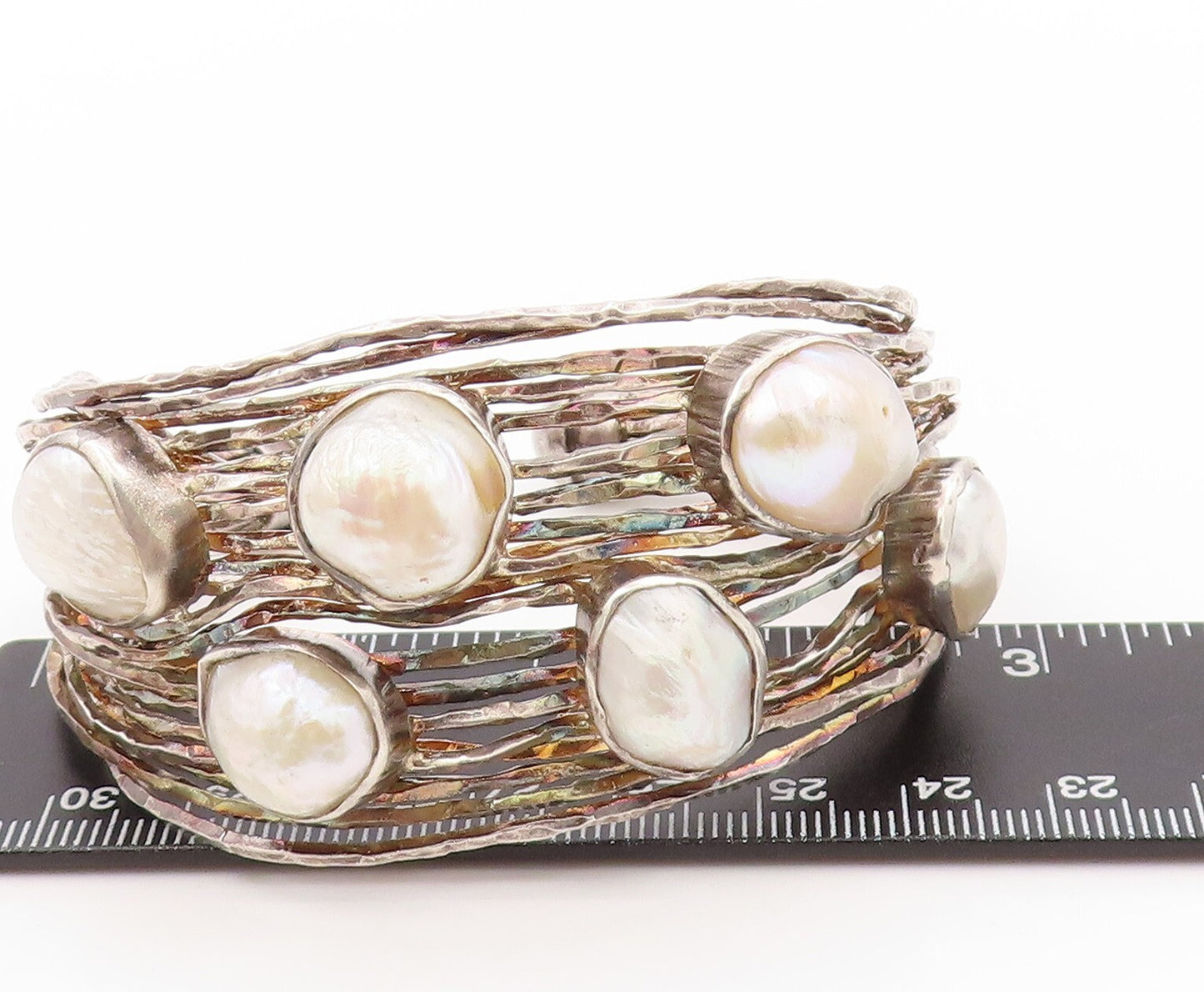 925 Sterling Silver Vintage Bracelet Oval Pearl Brutalist Carved Cuff  BT11043