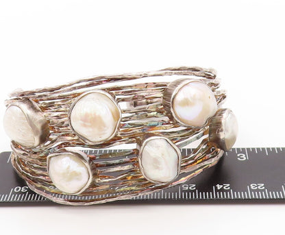 925 Sterling Silver Vintage Bracelet Oval Pearl Brutalist Carved Cuff  BT11043