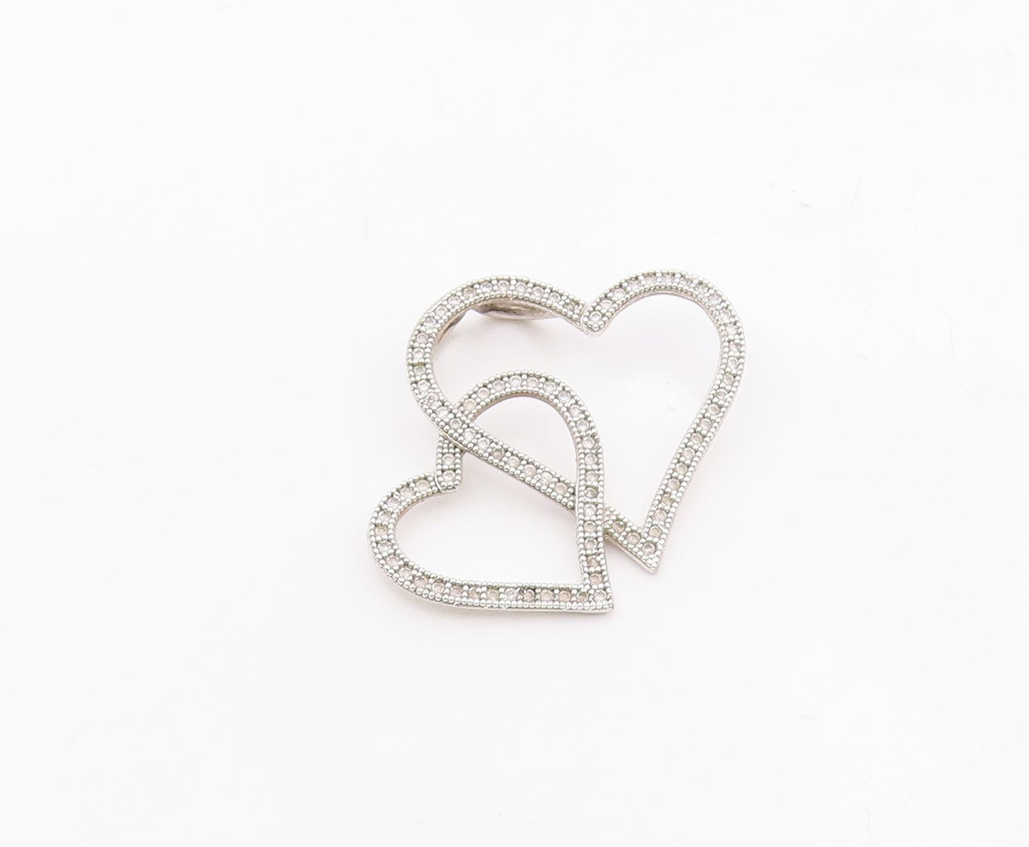 925 Sterling Silver  Shiny Genuine Diamonds Double Love Heart Pendant  PT8009