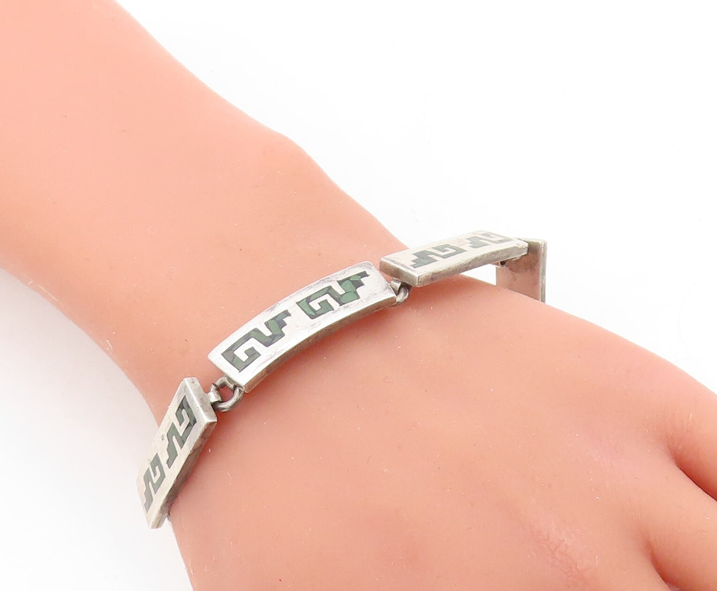 MEXICO 925 Sterling Silver  Vintage Jasper Mosaic Bar Chain Bracelet  BT1377