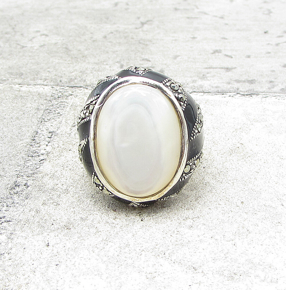 925 Sterling Silver  Bezel Set Opal & Marcasite Cocktail Ring Sz 9  RG1565
