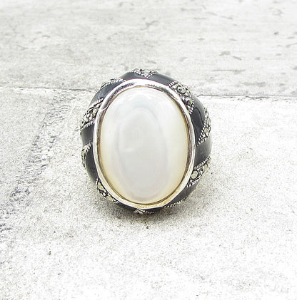 925 Sterling Silver  Bezel Set Opal & Marcasite Cocktail Ring Sz 9  RG1565