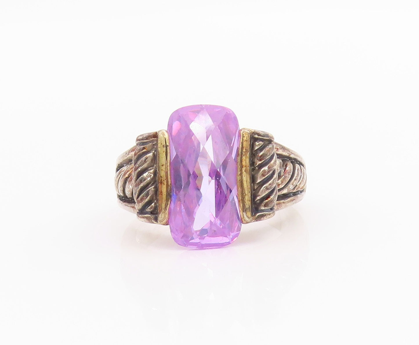 925 Sterling Silver Vintage Ring Rectangle Cut Amethyst Roped  Sz 8  RG33198