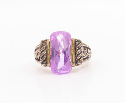 925 Sterling Silver Vintage Ring Rectangle Cut Amethyst Roped  Sz 8  RG33198