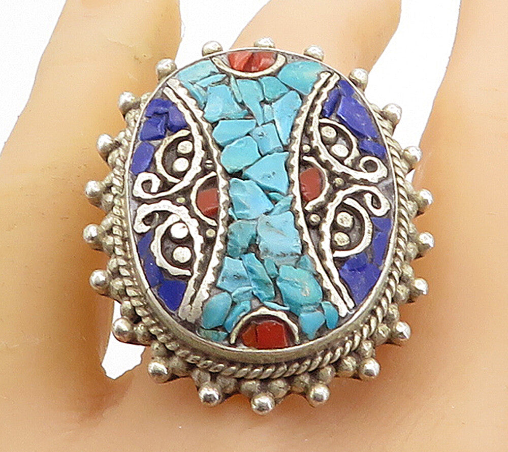 925 Silver  Vintage Turquoise & Lapis Lazuli Cocktail Ring Sz 10.5  RG7700