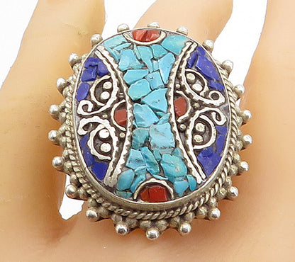 925 Silver  Vintage Turquoise & Lapis Lazuli Cocktail Ring Sz 10.5  RG7700