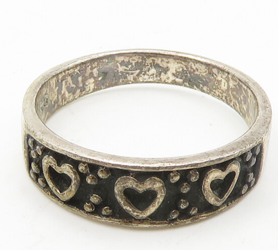 925 Sterling Silver  Vintage Oxidized Love Hearts Band Ring Sz 8  RG18892