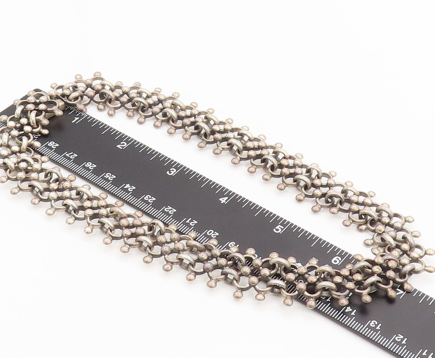 MEXICO 925 Silver  Vintage Beaded Ring Link Double Chain Necklace  NE4052