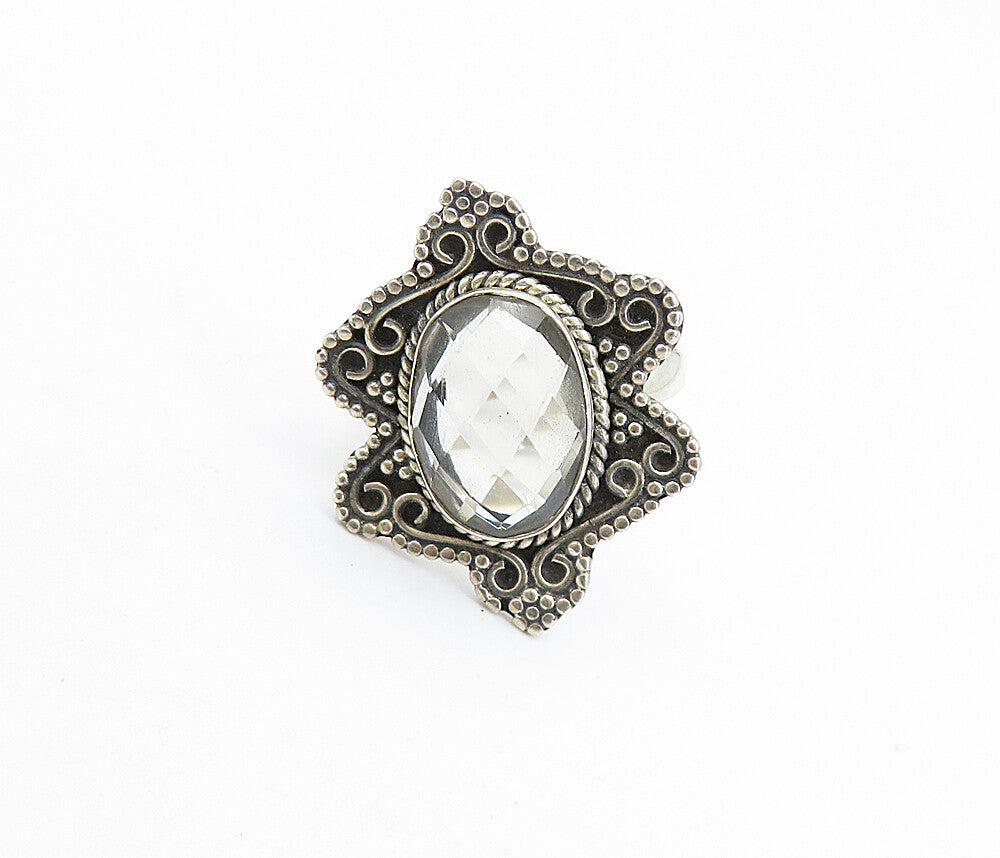 925 Sterling Silver  Vintage Topaz Swirl Border Cocktail Ring Sz 7.5  RG7853