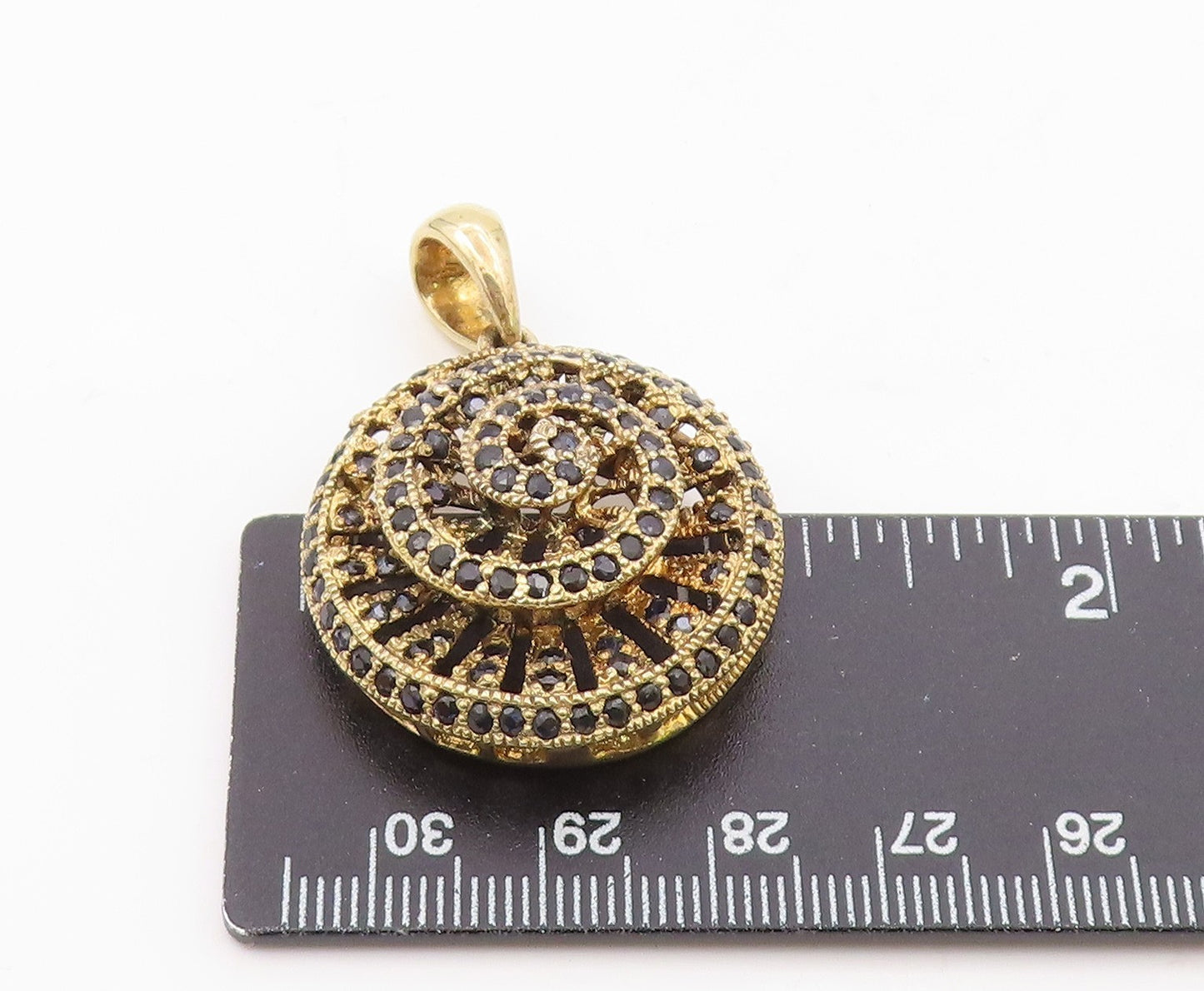925 Sterling Silver  Vintage Black Spinel Gold Plated Spiral Pendant  PT19548