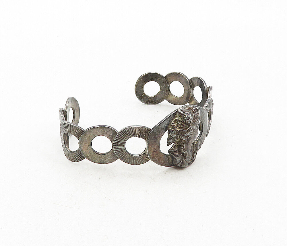 925 Sterling Silver  Vintage Antique Oxidized Woman Face Cuff Bracelet  BT4044