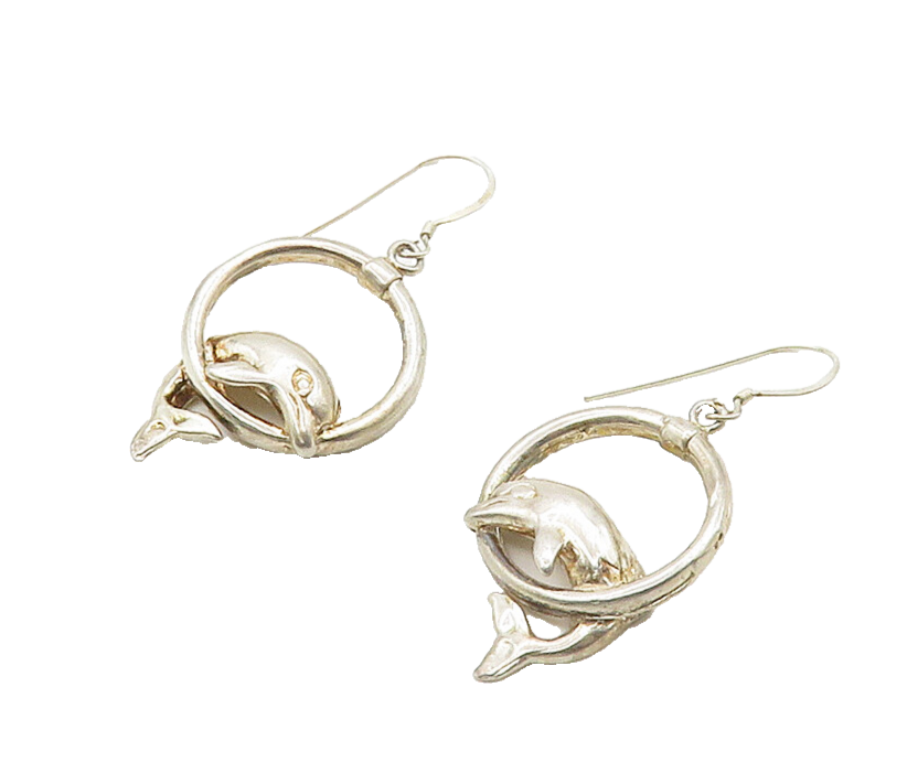 925 Sterling Silver  Vintage Shiny Leaping Dolphin Motif Drop Earrings  EG8190