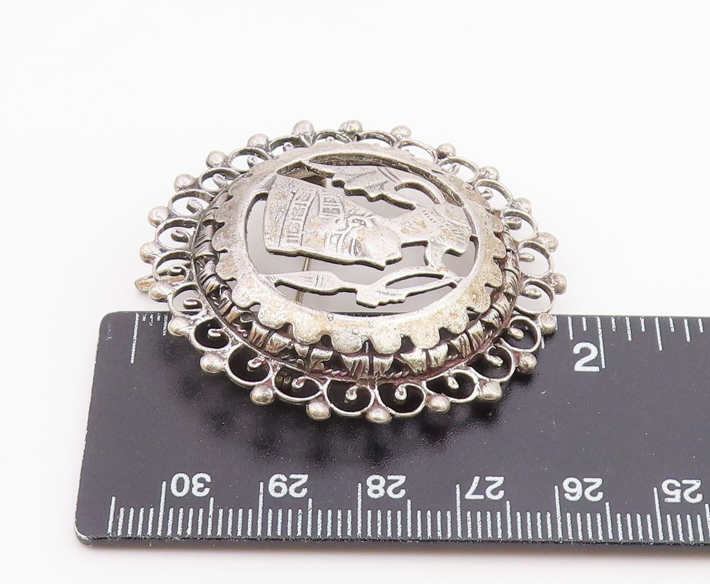 925 Silver  Vintage Beaded Border Openwork Nefertiti Head Brooch Pin  BP9833