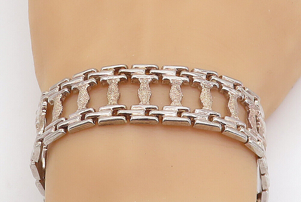 925 Sterling Silver  Vintage Textured Panel Hinge Link Chain Bracelet  BT3122