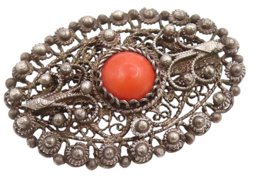 925 Sterling Silver Vintage Brooch Antique Cabochon Coral Filigree Pin  BP11995