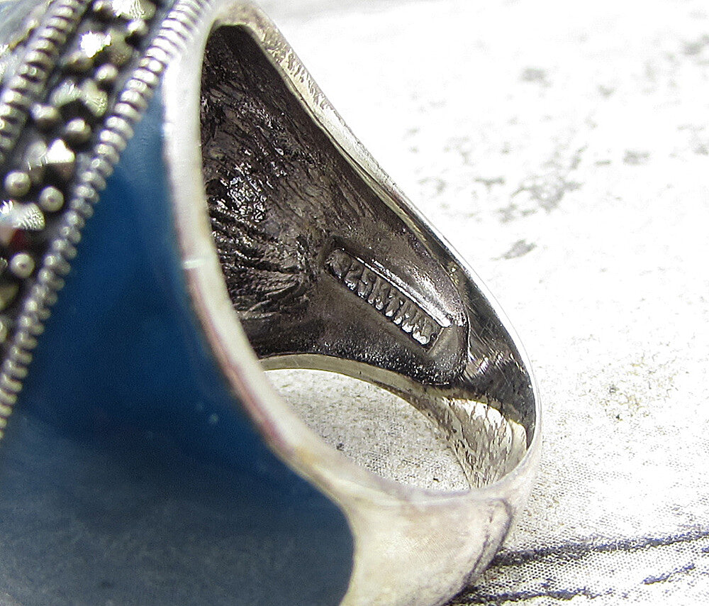 925 Sterling Silver Lapis Lazuli Topaz& Marcasite Cocktail Ring Sz 6.5 RG1656