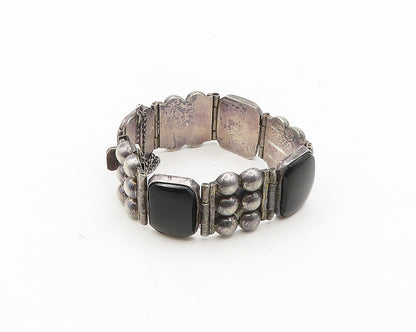 MEXICO 925 Sterling Silver  Vintage Black Onyx Bubble Chain Bracelet  BT7512
