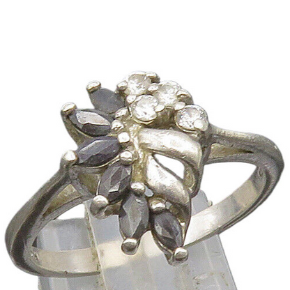 925 Silver  Vintage Sapphire & Cubic Zirconia Floral Ring Sz 8.5  RG24200