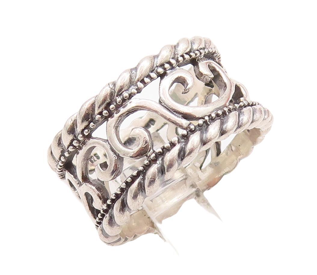 925 Sterling Silver Vintage Ring Swirly Cutout Roped Bordered  Sz 7  RG28599