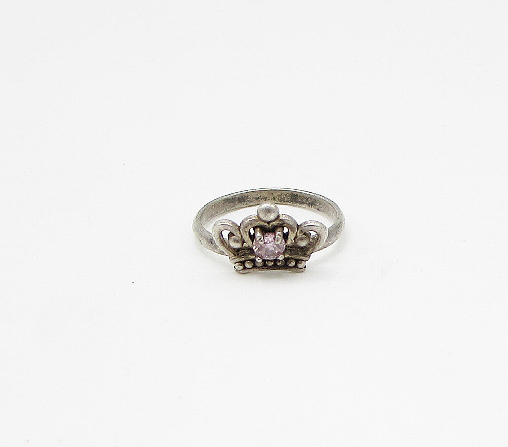 DISNEY 925 Silver  Vintage Pink Topaz Royal Crown Band Ring Sz 3  RG3229