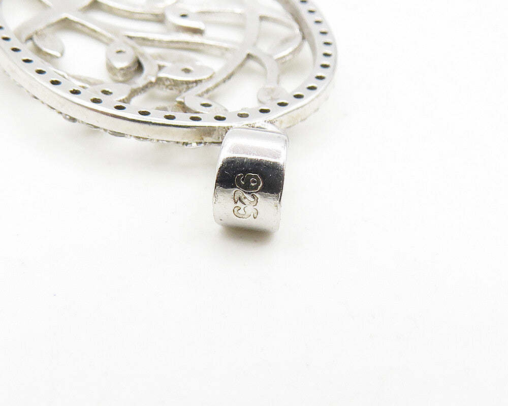 925 Sterling Silver  Shiny White Topaz Floral Vine Motif Pendant  PT14617