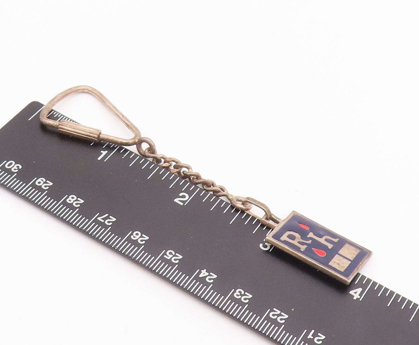 925 Sterling Silver Vintage Key Chain Blue & Red Enameled Carved 'RH'  TR3717