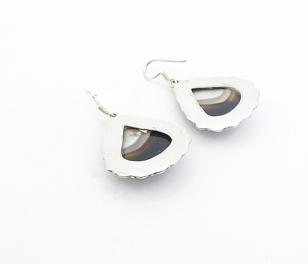 925 Sterling Silver  Vintage Faceted Agate Bordered Dangle Earrings  EG3363
