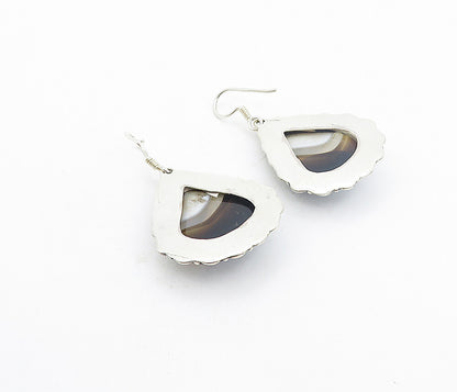 925 Sterling Silver  Vintage Faceted Agate Bordered Dangle Earrings  EG3363
