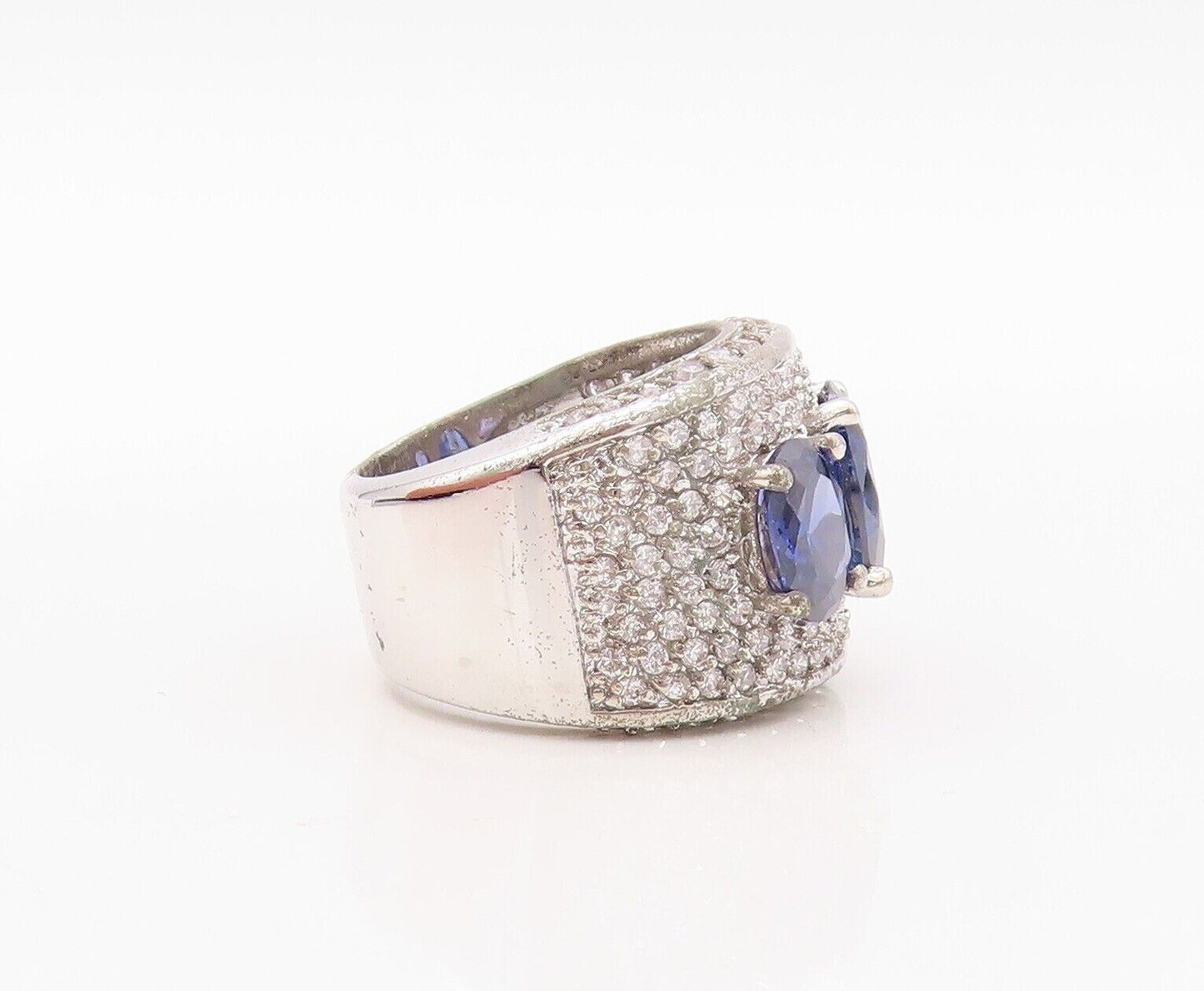 925 Sterling Silver Vintage Ring Broad Band Sapphire & CZ Inlay  Sz 7  RG29983