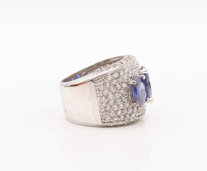 925 Sterling Silver Vintage Ring Broad Band Sapphire & CZ Inlay  Sz 7  RG29983