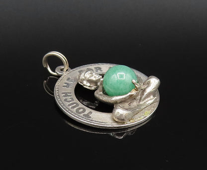 925 Sterling Silver  Vintage Touch Me For Luck Jade Medal Pendant  PT21758