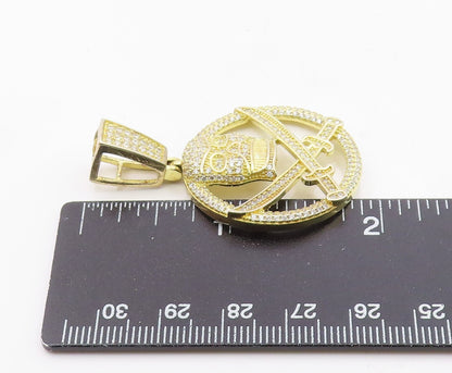 925 Silver  Vintage Topaz Gold Plated Pirate Skull & Swords Pendant  PT19914