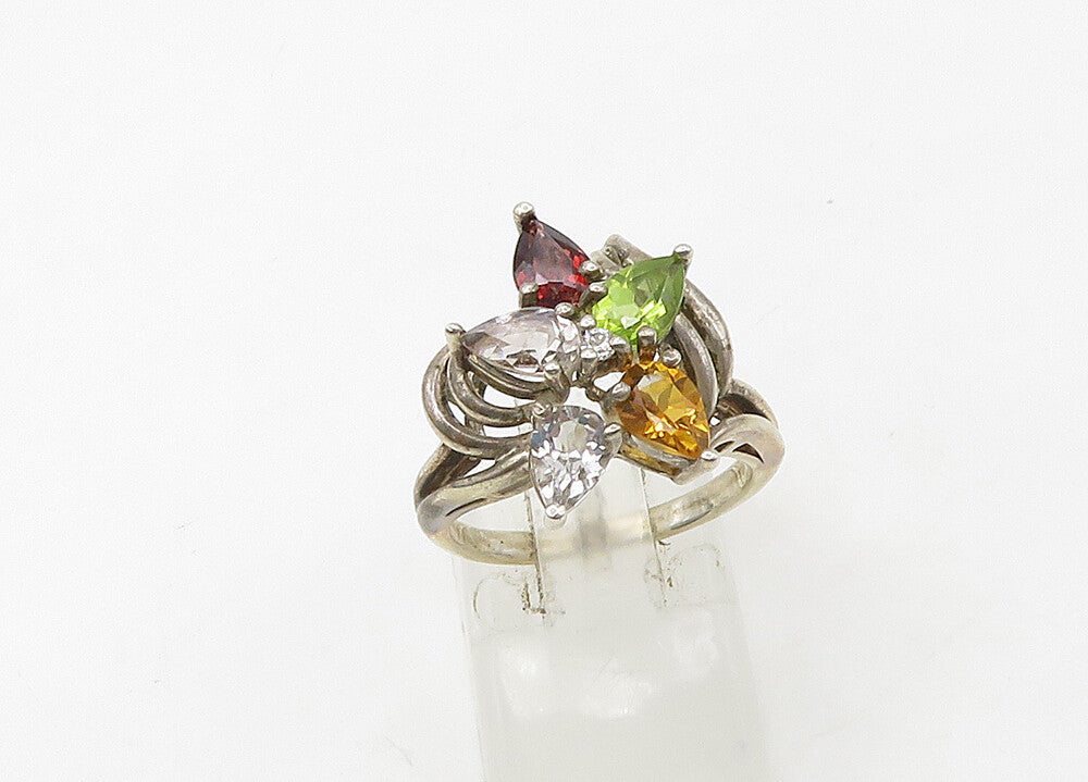 925 Silver  Vintage Peridot Citrine Garnet & Topaz Band Ring Sz 6  RG21523