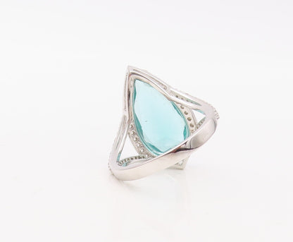 925 Sterling Silver Vintage Ring Drop Cut Sea Blue & White CZ  Sz 7  RG30649