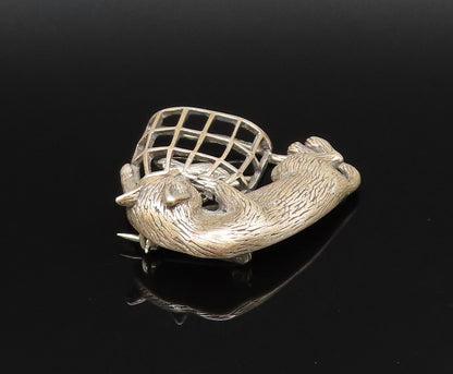 JEZLAINE 925 Silver  Vintage Carved Cat With Bird Cage Brooch Pin  BP9785